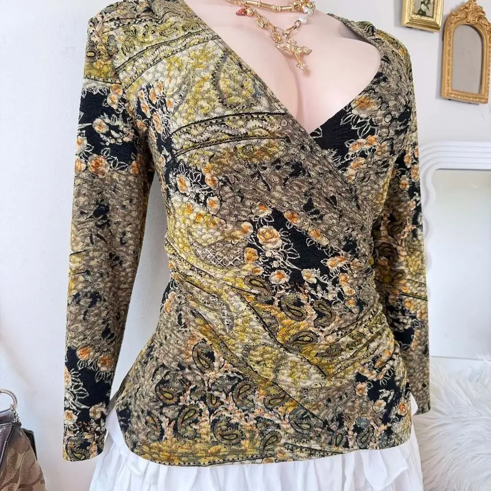 Vintage Whimsy Paisley Floral 3/4 Sleeve Ruched Wrap top